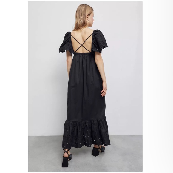 NWT En Saison Eyelet Detail Flutter Sleeve Poplin Maxi Dress Nordstrom Black NWT - Picture 2 of 7